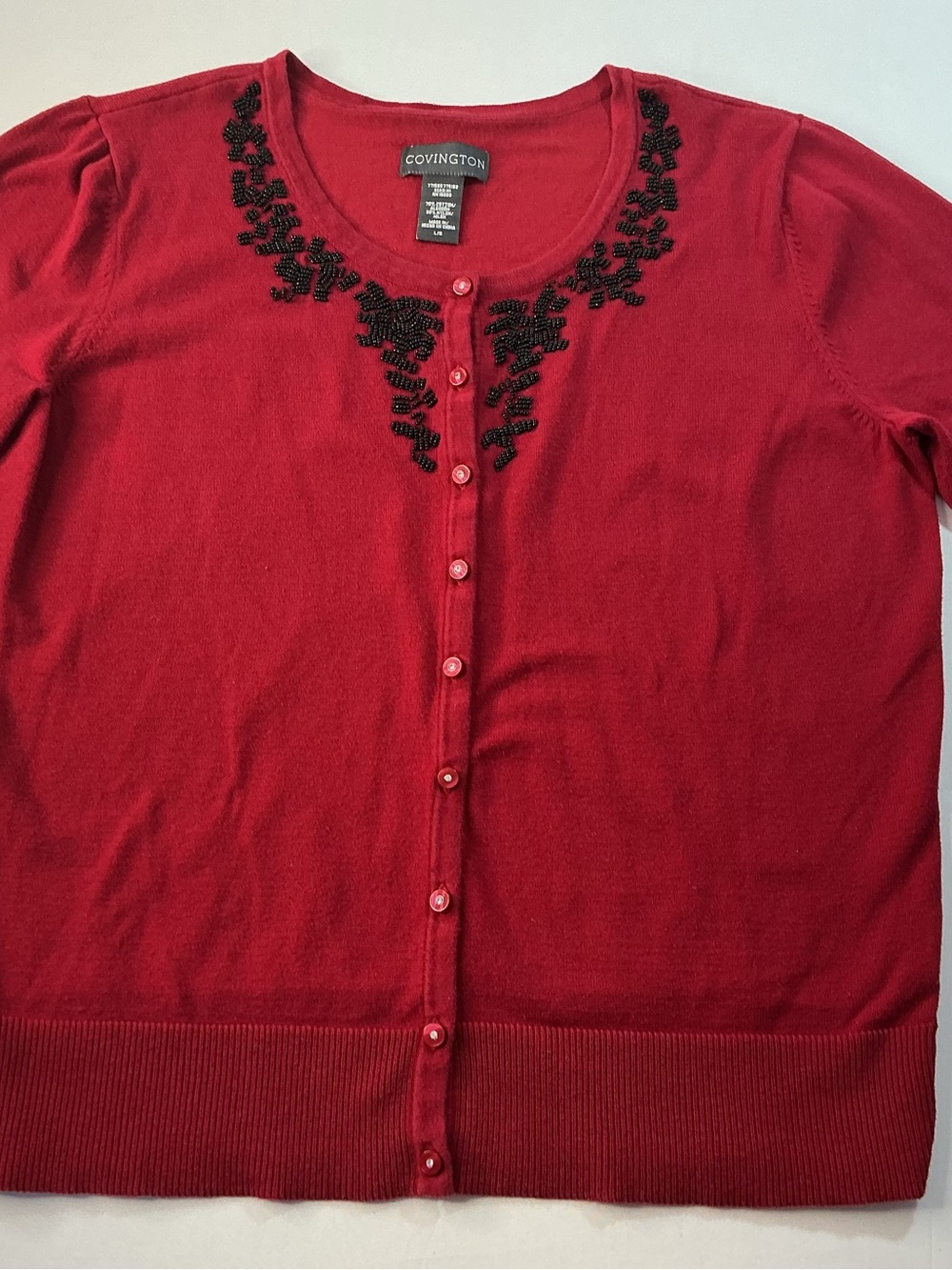 Covington Red Cardigan with Black Beaded Neckline